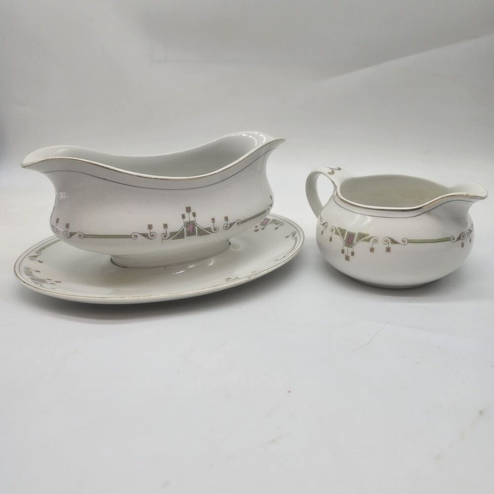 Vintage Gravy Boat Set Nouveau Alfred Meakin England Berkeley Geometric